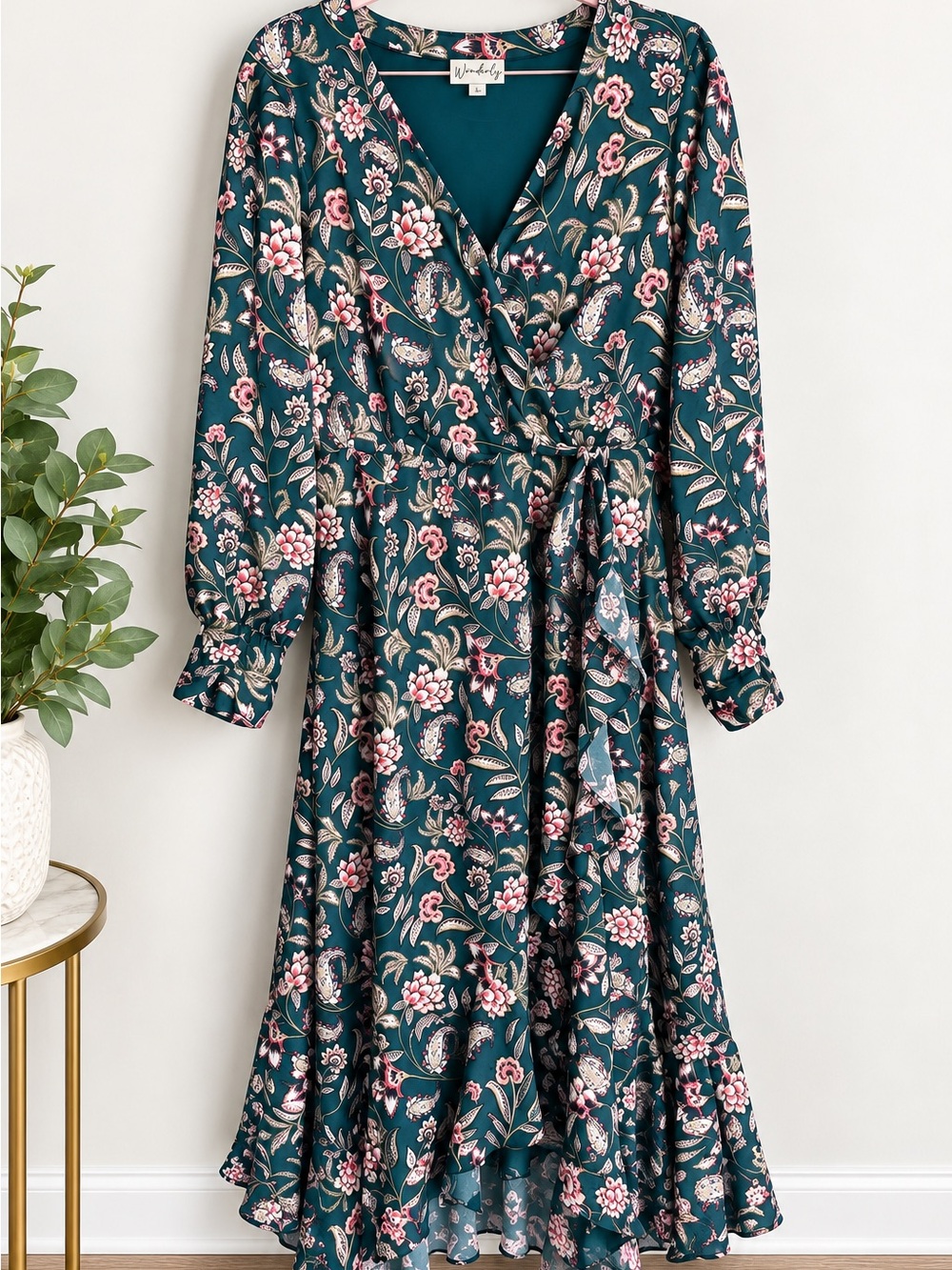 Wonderly Floral Wrap Midi Dress Size L Teal Ruffle Hem Long Sleeve Boho